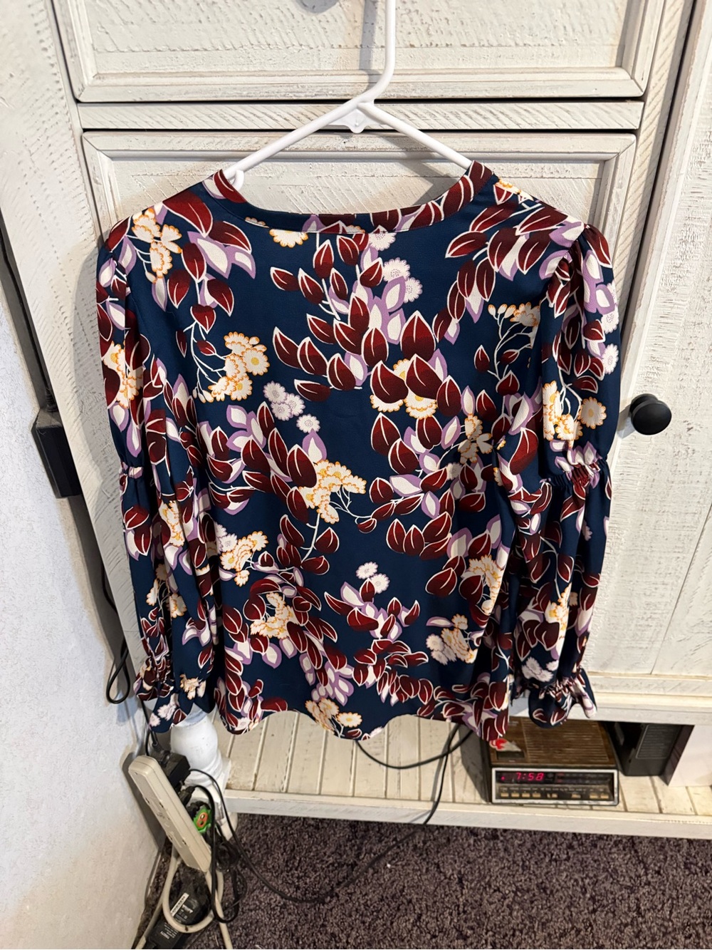 Ann Taylor Navy Floral Long-Sleeve Blouse with Burgundy Accents